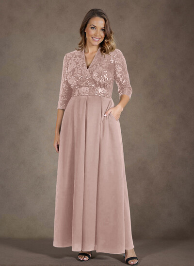 A-Line V-Neck 1/2 Sleeves Chiffon/Lace Mother Of The Bride Dresses With Pockets