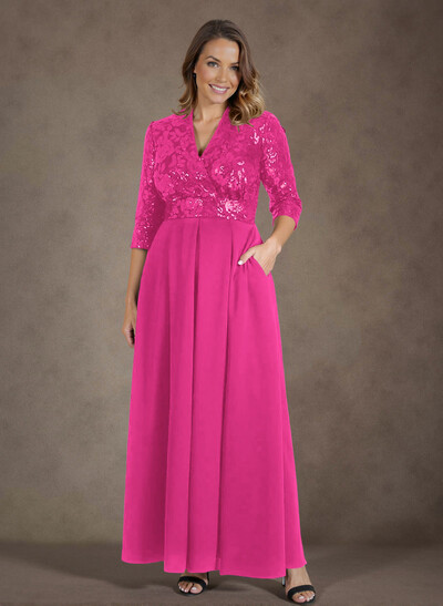 A-Line V-Neck 1/2 Sleeves Chiffon/Lace Mother Of The Bride Dresses With Pockets