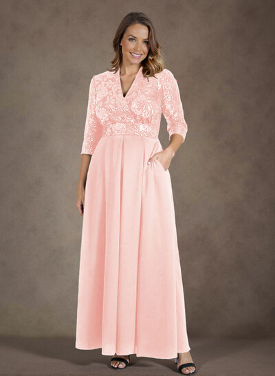 A-Line V-Neck 1/2 Sleeves Chiffon/Lace Mother Of The Bride Dresses With Pockets