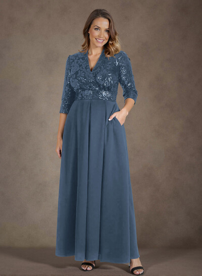 A-Line V-Neck 1/2 Sleeves Chiffon/Lace Mother Of The Bride Dresses With Pockets
