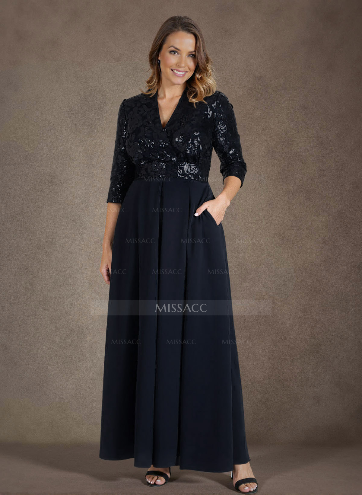 A-Line V-Neck 1/2 Sleeves Chiffon/Lace Mother Of The Bride Dresses With Pockets