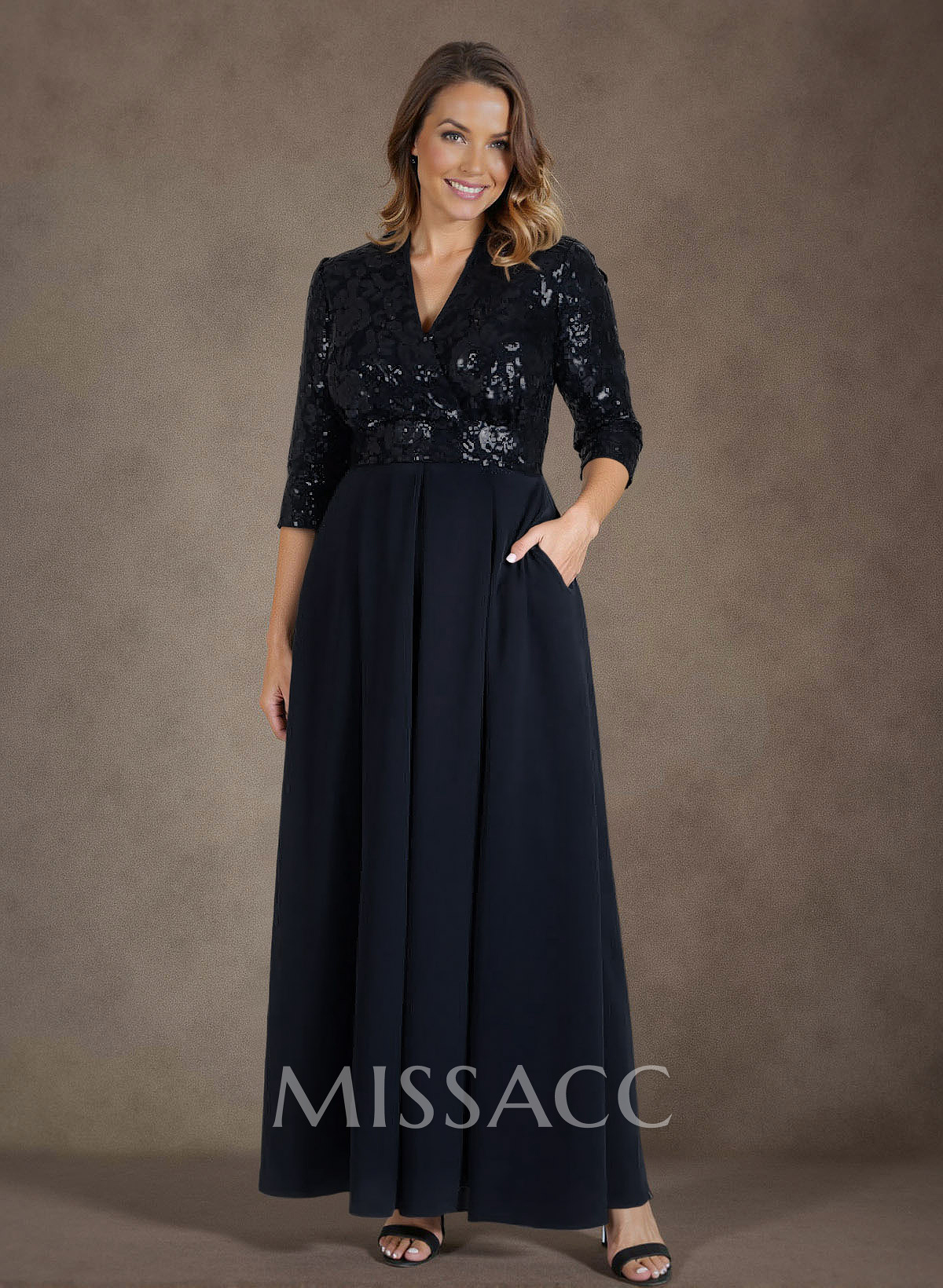 A-Line V-Neck 1/2 Sleeves Chiffon/Lace Mother Of The Bride Dresses With Pockets
