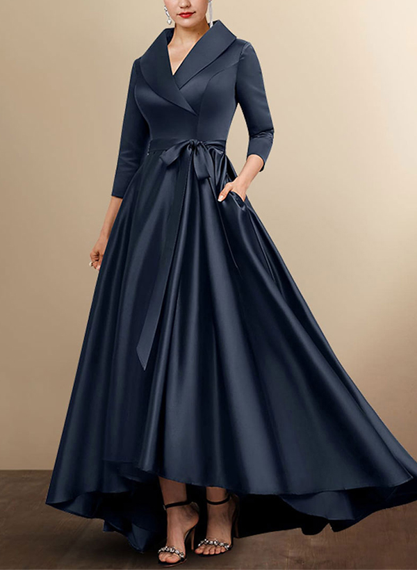 A-Line V-Neck 3/4 Sleeves Satin Mother Of The Bride Dresses With Pockets