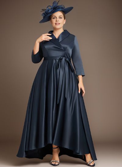 A-Line V-Neck 3/4 Sleeves Satin Mother Of The Bride Dresses With Pockets