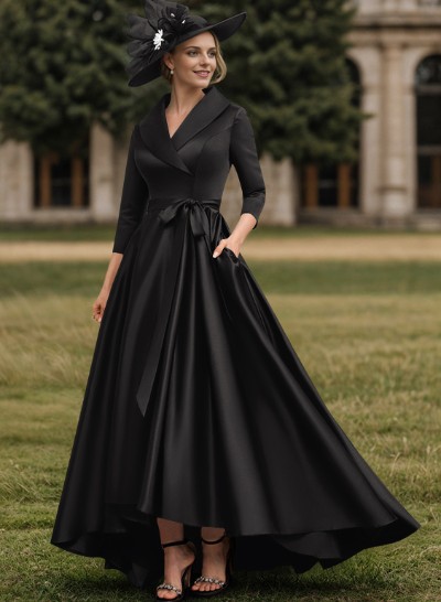 A-Line V-Neck 3/4 Sleeves Satin Mother Of The Bride Dresses With Pockets