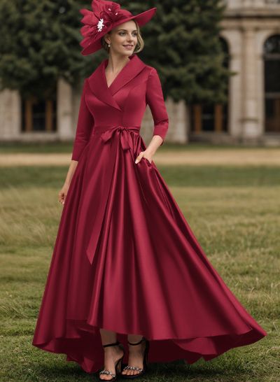 A-Line V-Neck 3/4 Sleeves Satin Mother Of The Bride Dresses With Pockets