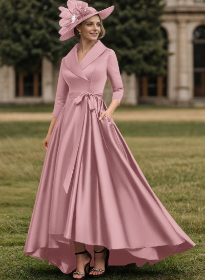 A-Line V-Neck 3/4 Sleeves Satin Mother Of The Bride Dresses With Pockets