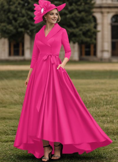 A-Line V-Neck 3/4 Sleeves Satin Mother Of The Bride Dresses With Pockets