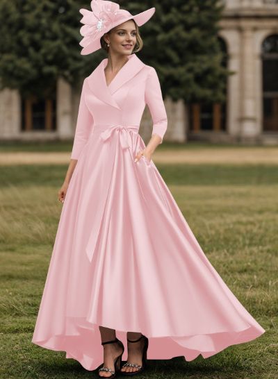 A-Line V-Neck 3/4 Sleeves Satin Mother Of The Bride Dresses With Pockets