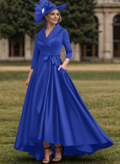 A-Line V-Neck 3/4 Sleeves Satin Mother Of The Bride Dresses With Pockets