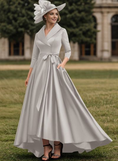 A-Line V-Neck 3/4 Sleeves Satin Mother Of The Bride Dresses With Pockets