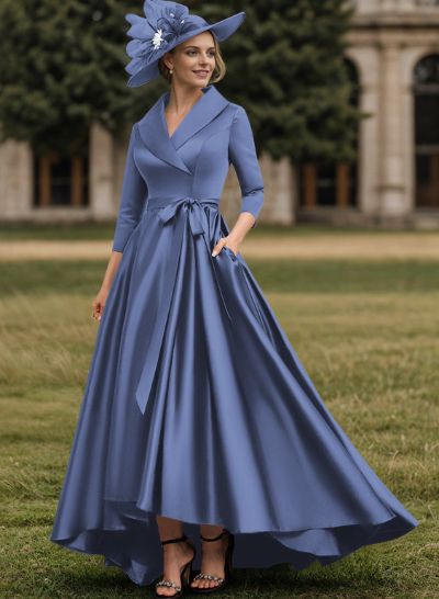 A-Line V-Neck 3/4 Sleeves Satin Mother Of The Bride Dresses With Pockets