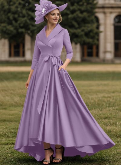 A-Line V-Neck 3/4 Sleeves Satin Mother Of The Bride Dresses With Pockets