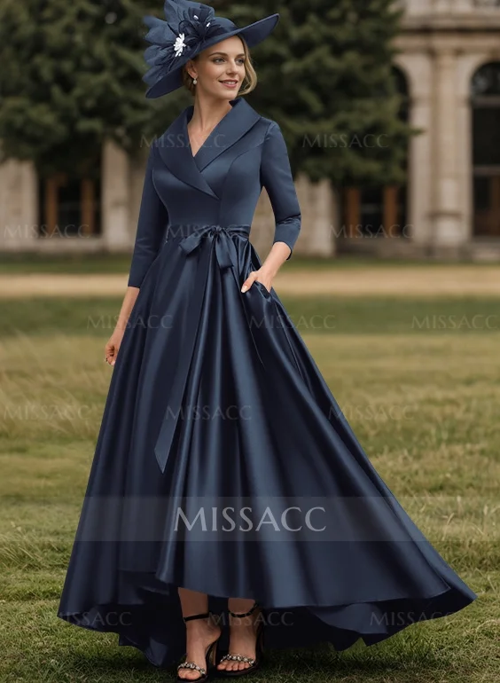 V-Neck Stretch Satin Mother Of The Bride Dresses with Watteau Train 3/4 Sleeves Ankle-Length main image 0