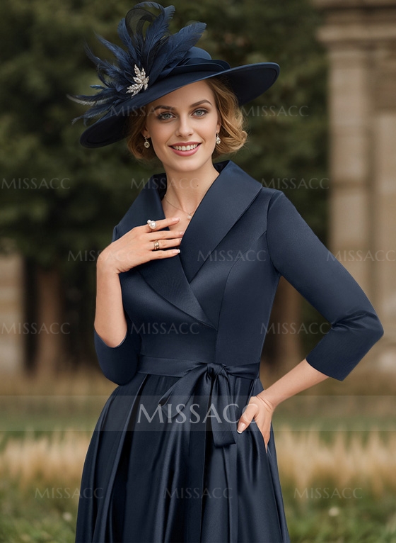 A-Line V-Neck 3/4 Sleeves Satin Mother Of The Bride Dresses With Pockets