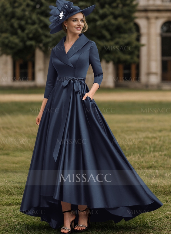 A-Line V-Neck 3/4 Sleeves Satin Mother Of The Bride Dresses With Pockets