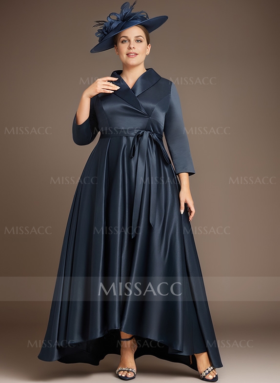 A-Line V-Neck 3/4 Sleeves Satin Mother Of The Bride Dresses With Pockets