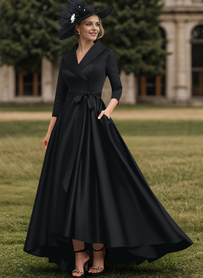 A-Line V-Neck 3/4 Sleeves Satin Mother Of The Bride Dresses With Pockets