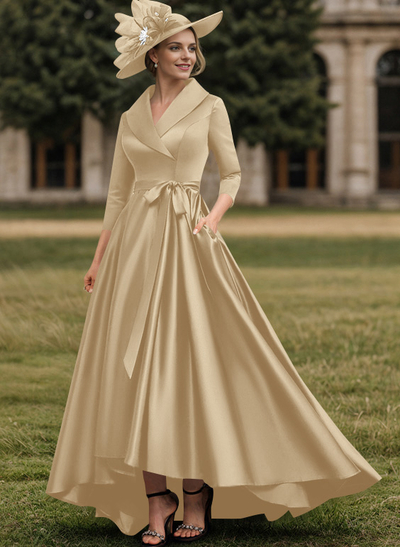 A-Line V-Neck 3/4 Sleeves Satin Mother Of The Bride Dresses With Pockets