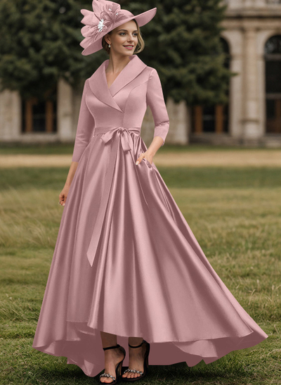 A-Line V-Neck 3/4 Sleeves Satin Mother Of The Bride Dresses With Pockets