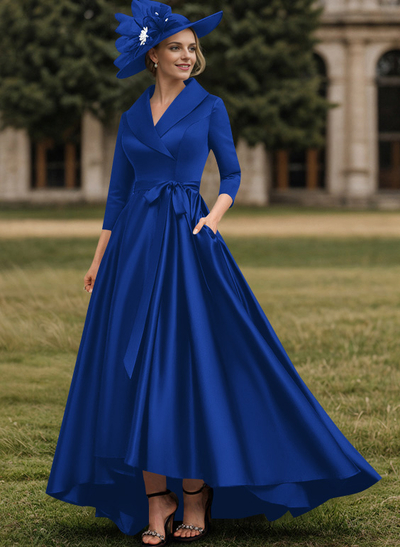 A-Line V-Neck 3/4 Sleeves Satin Mother Of The Bride Dresses With Pockets