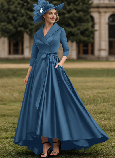 A-Line V-Neck 3/4 Sleeves Satin Mother Of The Bride Dresses With Pockets