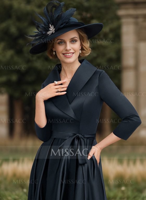 A-Line V-Neck 3/4 Sleeves Satin Mother Of The Bride Dresses With Pockets