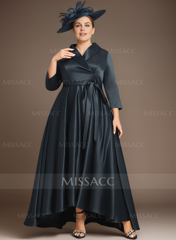 A-Line V-Neck 3/4 Sleeves Satin Mother Of The Bride Dresses With Pockets