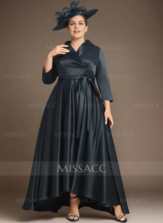 V-Neck Stretch Satin Mother Of The Bride Dresses with Watteau Train 3/4 Sleeves Ankle-Length