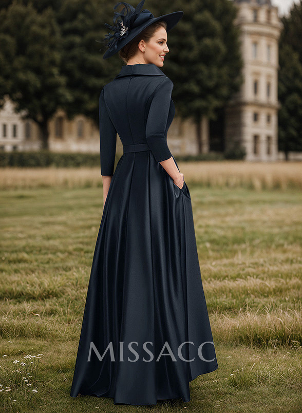 A-Line V-Neck 3/4 Sleeves Satin Mother Of The Bride Dresses With Pockets