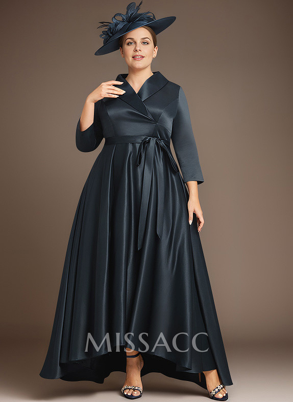 A-Line V-Neck 3/4 Sleeves Satin Mother Of The Bride Dresses With Pockets