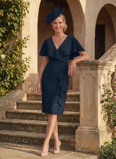 Sheath/Column V-Neck Chiffon Mother Of The Bride Dresses With Cascading Ruffles