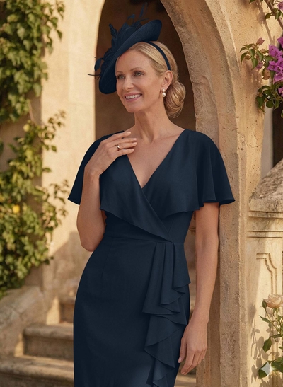 Sheath/Column V-Neck Chiffon Mother Of The Bride Dresses With Cascading Ruffles