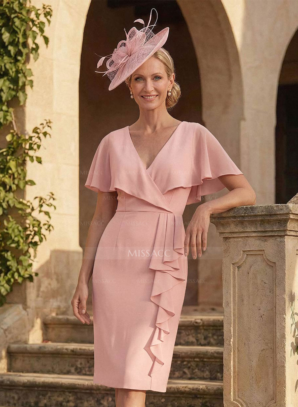 Sheath/Column V-Neck Chiffon Mother Of The Bride Dresses With Cascading Ruffles