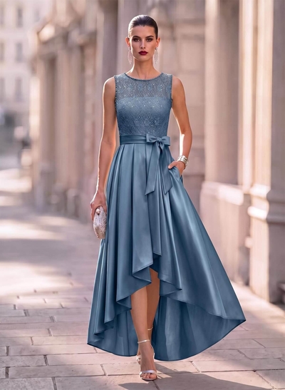 A-Line Scoop Neck Lace/Satin Mother of the Bride Dresses with Pockets