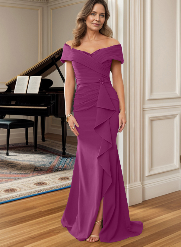 Sheath Off-The-Shoulder Sweep Train Mother Of The Bride Dresses With Cascading Ruffles