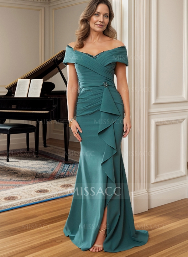 Sheath Off-The-Shoulder Sweep Train Mother Of The Bride Dresses With Cascading Ruffles