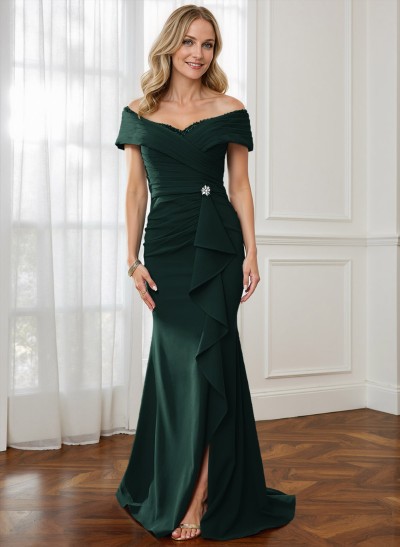 Sheath Off-The-Shoulder Sweep Train Mother Of The Bride Dresses With Cascading Ruffles