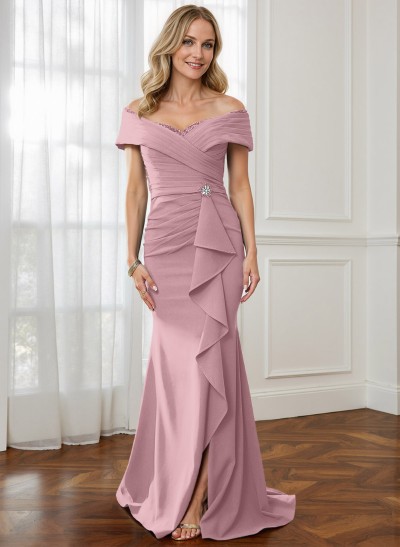 Sheath Off-The-Shoulder Sweep Train Mother Of The Bride Dresses With Cascading Ruffles