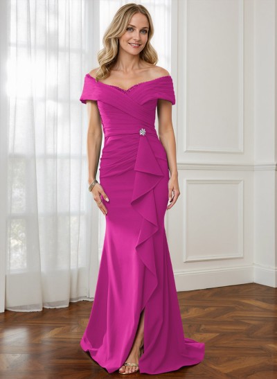 Sheath Off-The-Shoulder Sweep Train Mother Of The Bride Dresses With Cascading Ruffles