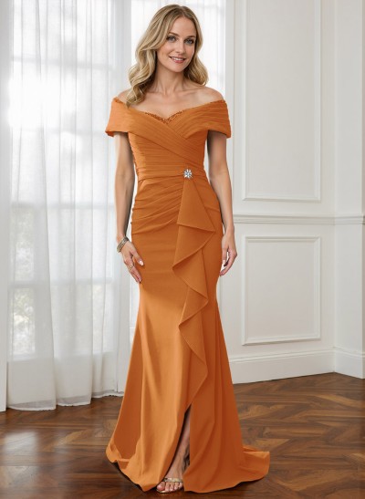 Sheath Off-The-Shoulder Sweep Train Mother Of The Bride Dresses With Cascading Ruffles