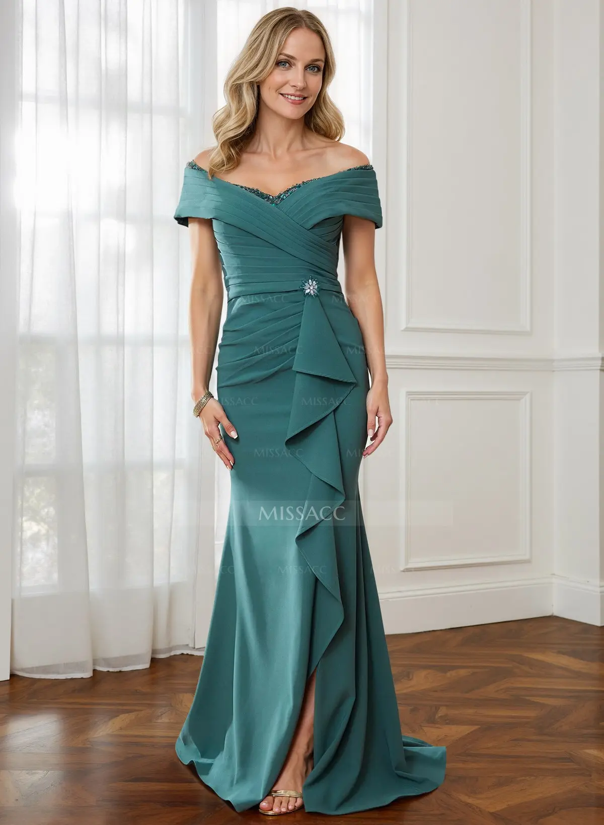 Sheath Off-The-Shoulder Sweep Train Mother Of The Bride Dresses With Cascading Ruffles #SMBD10440  $159