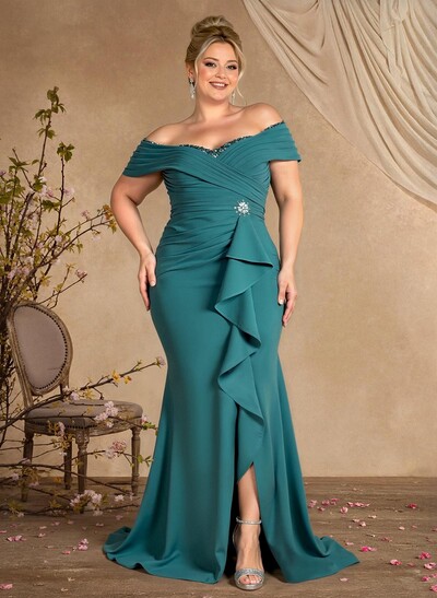 Sheath Off-The-Shoulder Sweep Train Mother Of The Bride Dresses With Cascading Ruffles