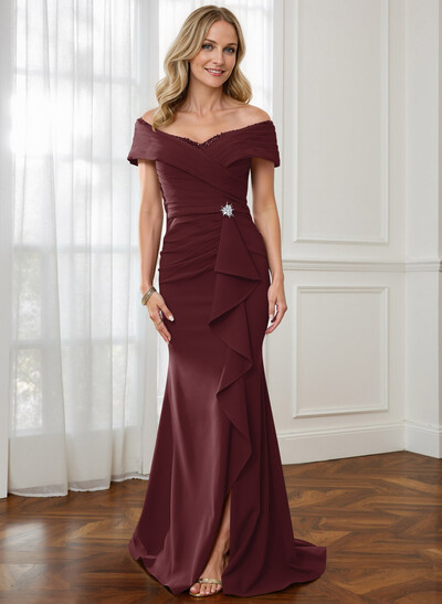 Sheath Off-The-Shoulder Sweep Train Mother Of The Bride Dresses With Cascading Ruffles