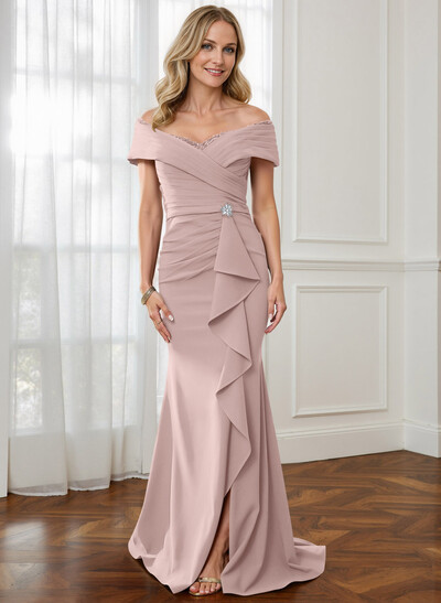 Sheath Off-The-Shoulder Sweep Train Mother Of The Bride Dresses With Cascading Ruffles