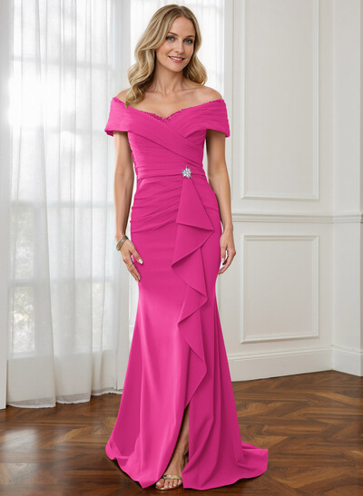 Sheath Off-The-Shoulder Sweep Train Mother Of The Bride Dresses With Cascading Ruffles