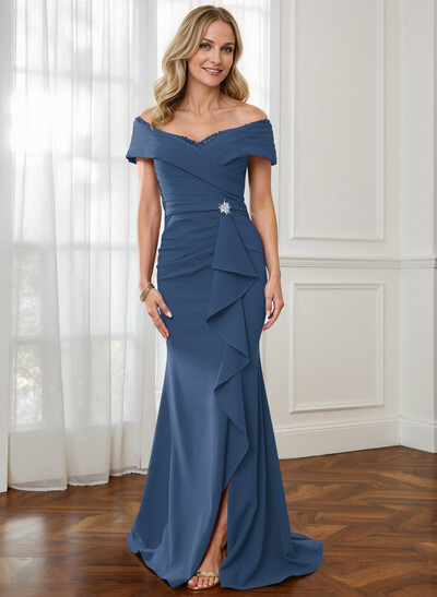 Sheath Off-The-Shoulder Sweep Train Mother Of The Bride Dresses With Cascading Ruffles