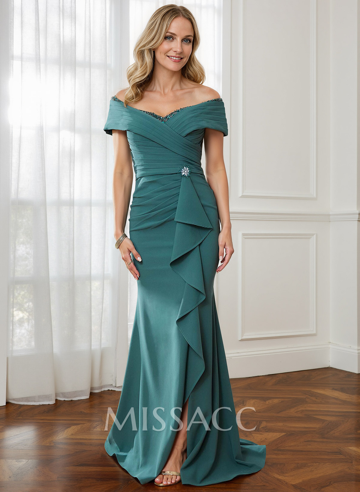 Sheath Off-The-Shoulder Sweep Train Mother Of The Bride Dresses With Cascading Ruffles Sheath Off-The-Shoulder Sweep Train Mother Of The Bride Dresses With Cascading Ruffles