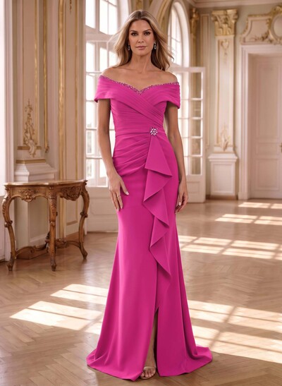 Off-The-Shoulder Fitted Mother Of The Bride Dress With Sweep Train And Cascading Ruffles
