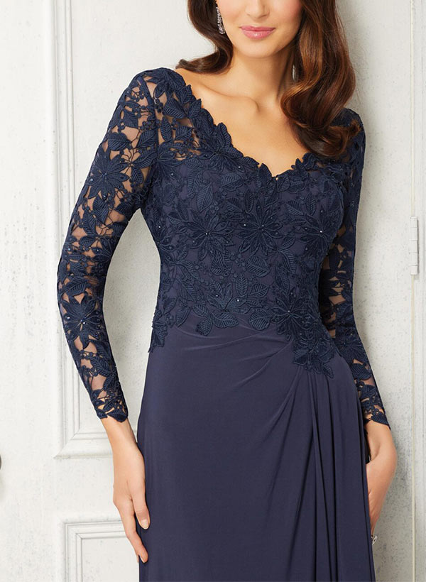 A-Line V-Neck Long Sleeves Sweep Train Lace Mother Of The Bride Dresses